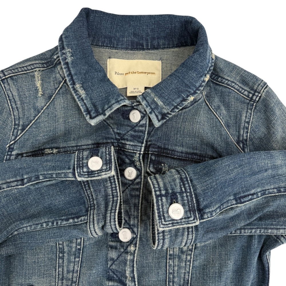 Pilcro and the Letterpress Denim Jacket Distressed Blue Button Up Women's Size S